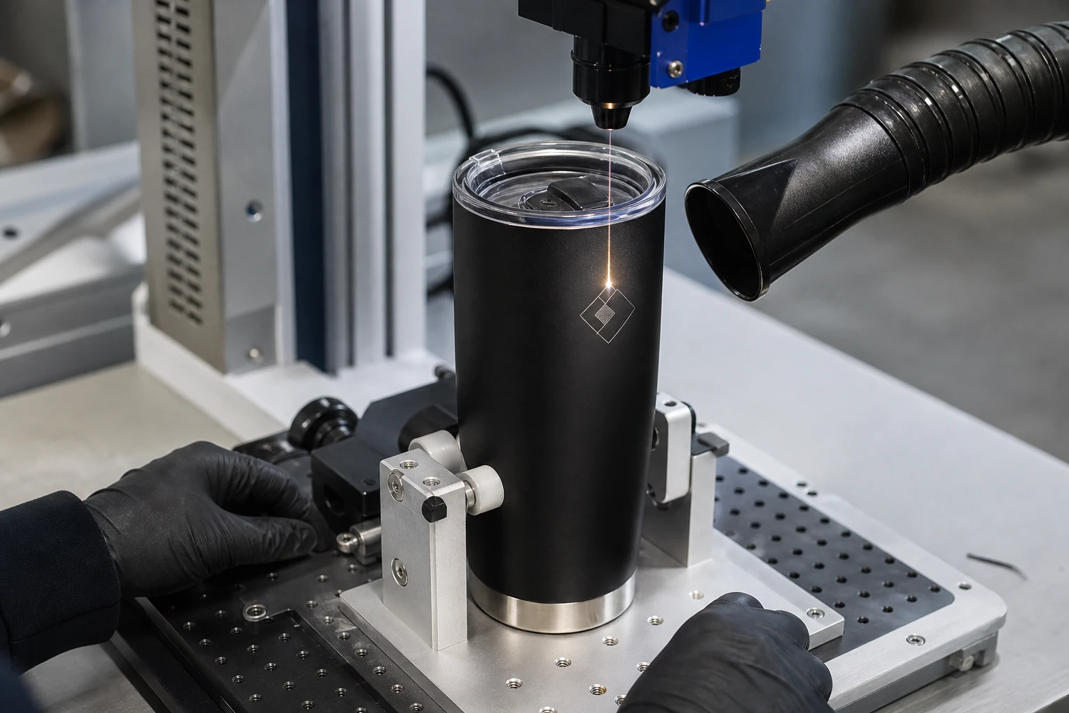 Präzise Lasergravur auf einem Edelstahlbecher